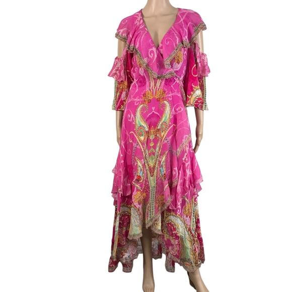 CAMILLA Silk Crystal Embellish Rufle Assym Wrap Dress Rainbow Rhythm Luxury Rare - Picture 4 of 16